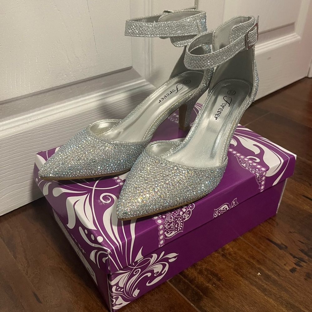 Silver Rhinestone Pointed-Toe Stiletto Heels